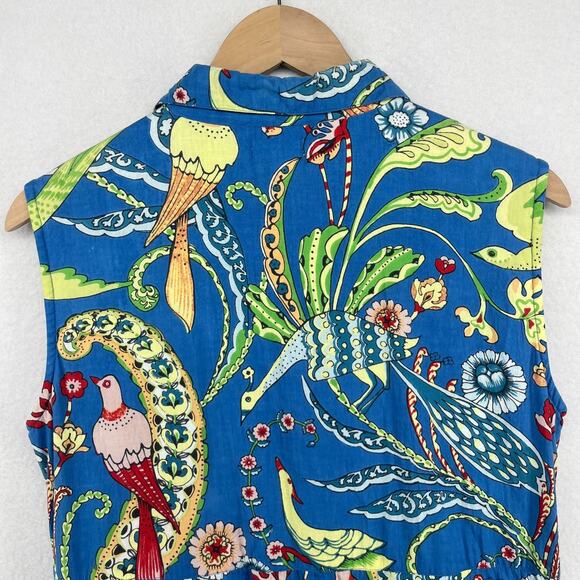 LIVRO Dress L Floral Bird Fit & Flare Button Front Mini Shirtdress Cotton Blue - Picture 4 of 16